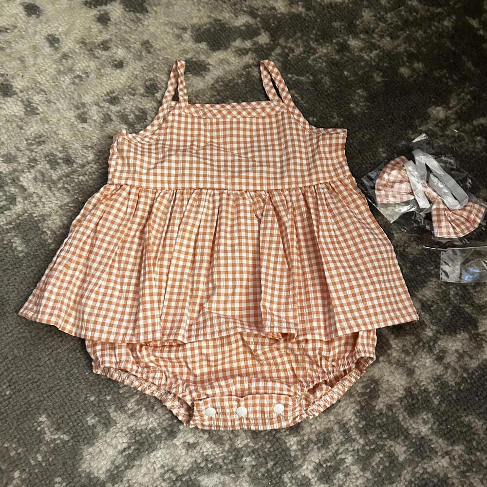 Baby Girl Orange & White Checker Pattern Summer Romper 3-6 Months (NEW)